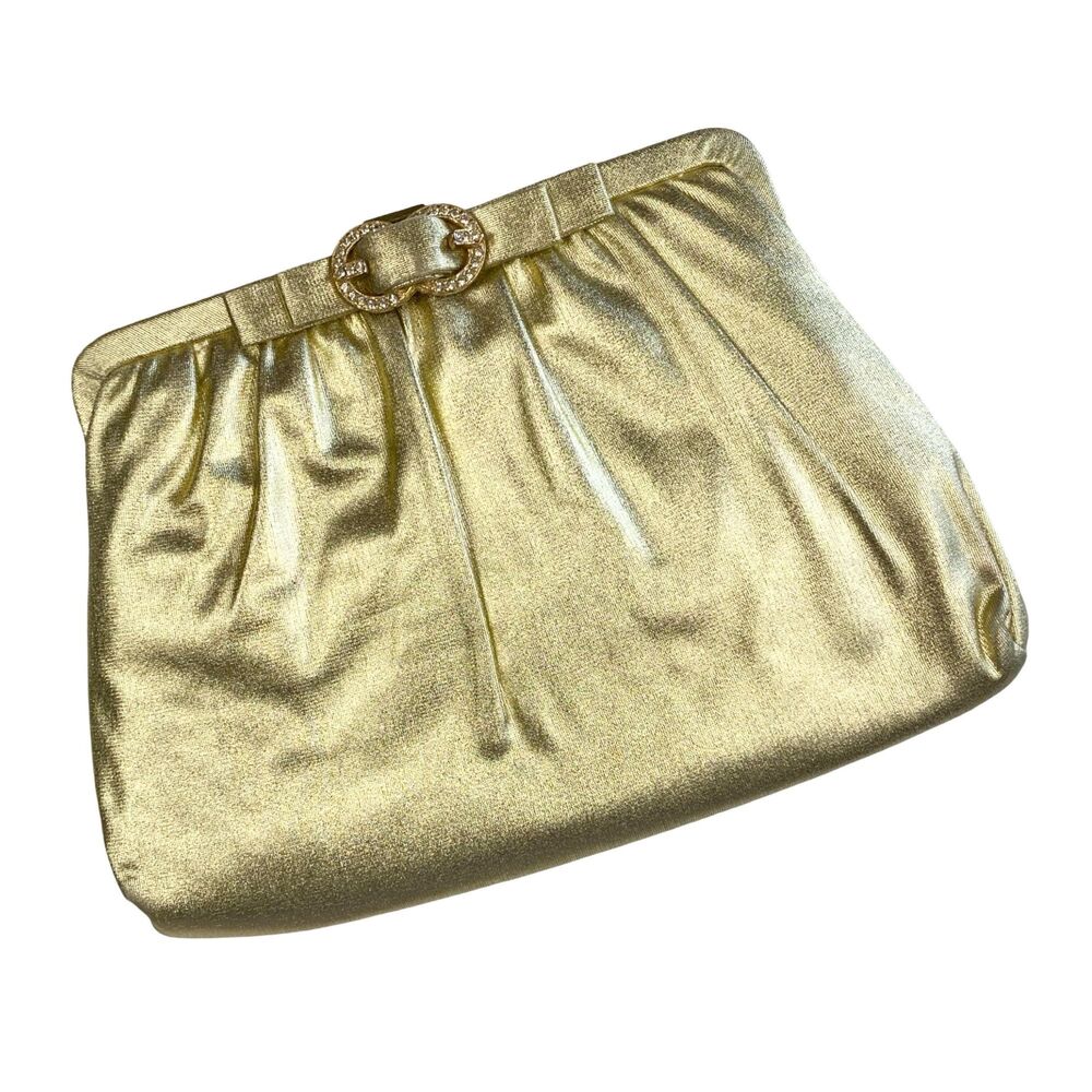 Vintage 1950s Shimmering Gold Lame Clutch Evening Purse with Buckle Bow Clasp